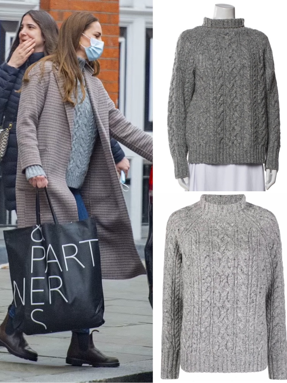 Polo Ralph Lauren grey cableknit funnel-neck jumper- ASO Kate Middleton -Medium